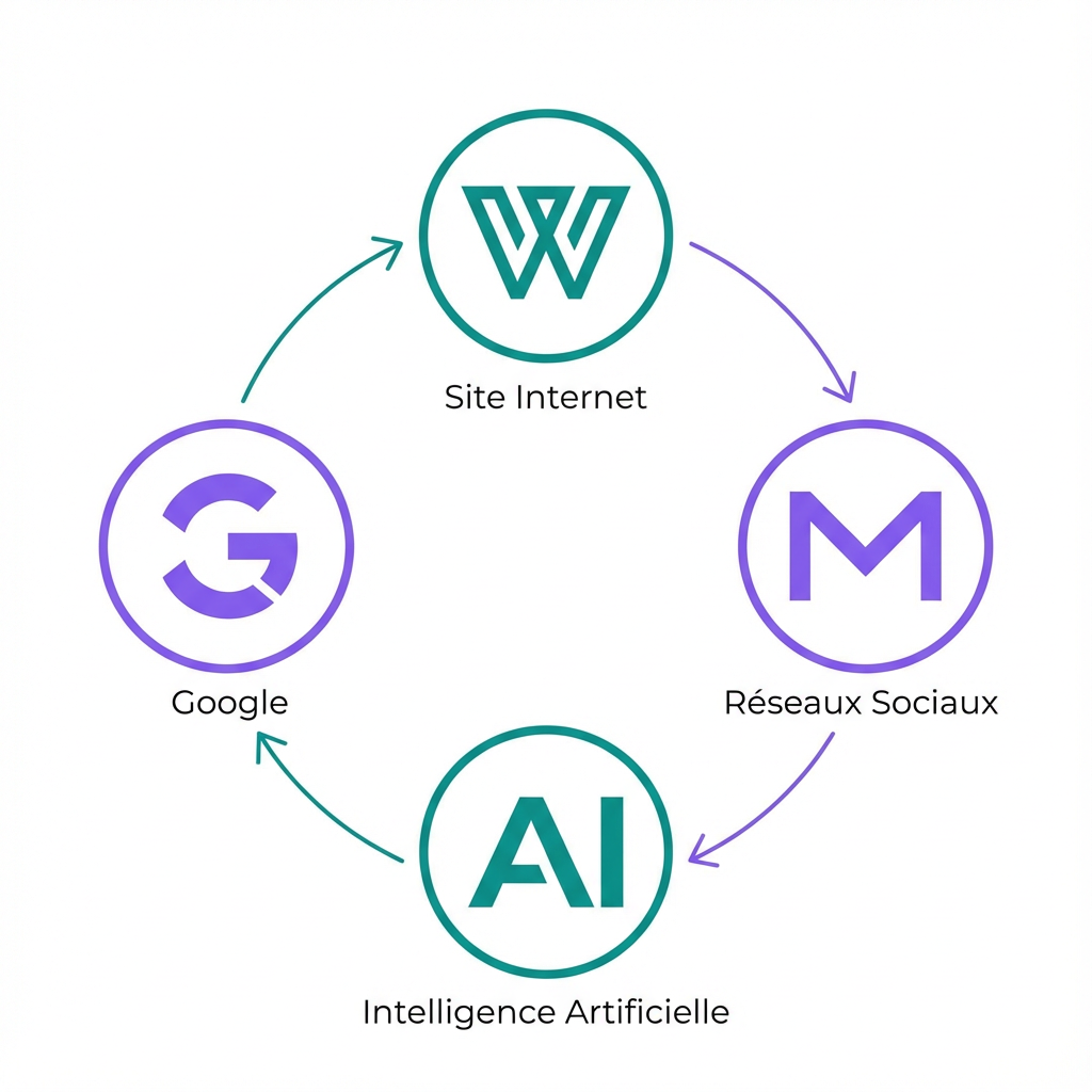 Schéma montrant les liens entre site internet, réseaux sociaux, IA et moteurs de recherche